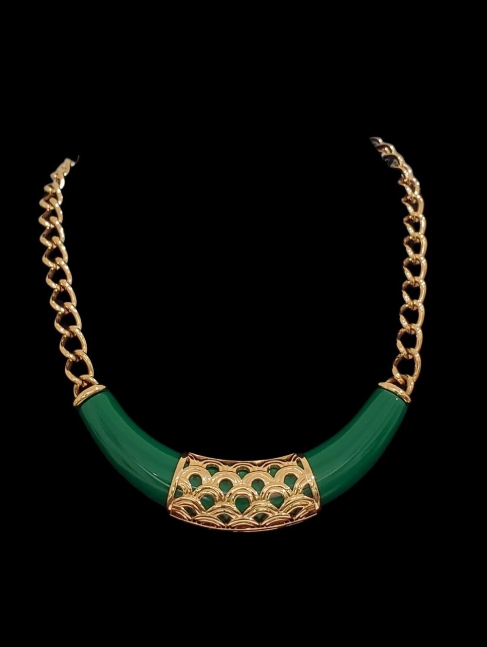 Estate Vintage Monet Gold-Tone & Emerald Green Acrylic Statement Necklace - 20"